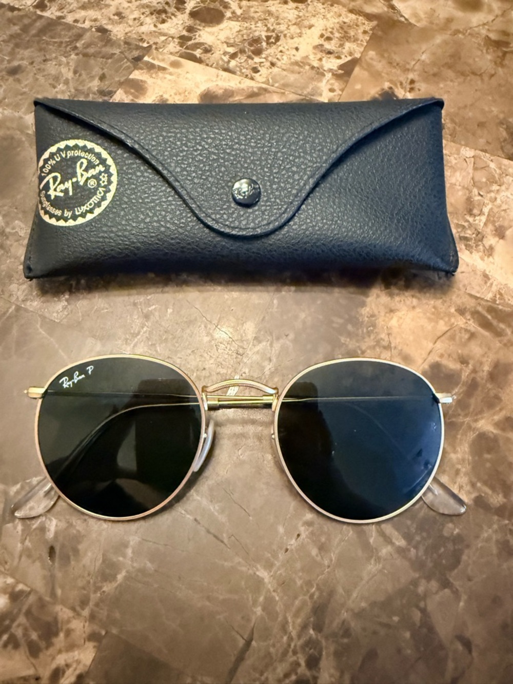 Ray-Ban RB3447 Round Metal Polarized Sunglasses 50mm Gold/Green + Case
